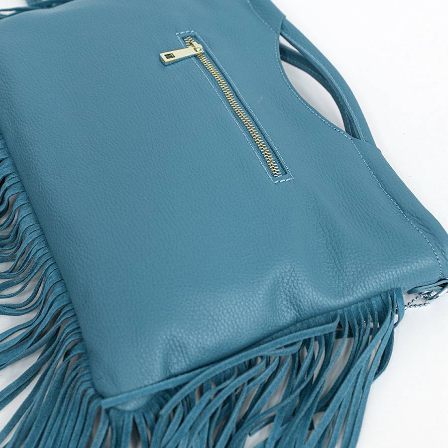 Laura Di Maggio ARIZONA – Borsa a mano in pelle con frange azzurra In Vendita