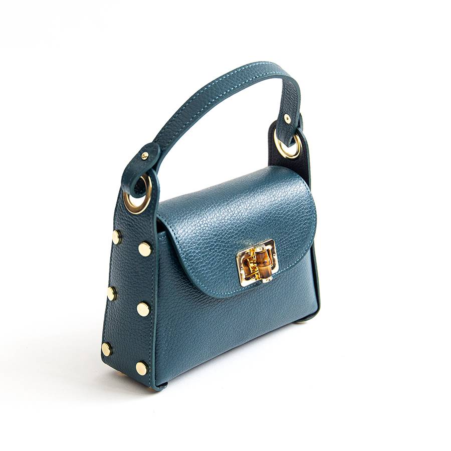 Laura Di Maggio BAMBU’ – borsetta con borchie in pelle petrolio Promozione Limitata
