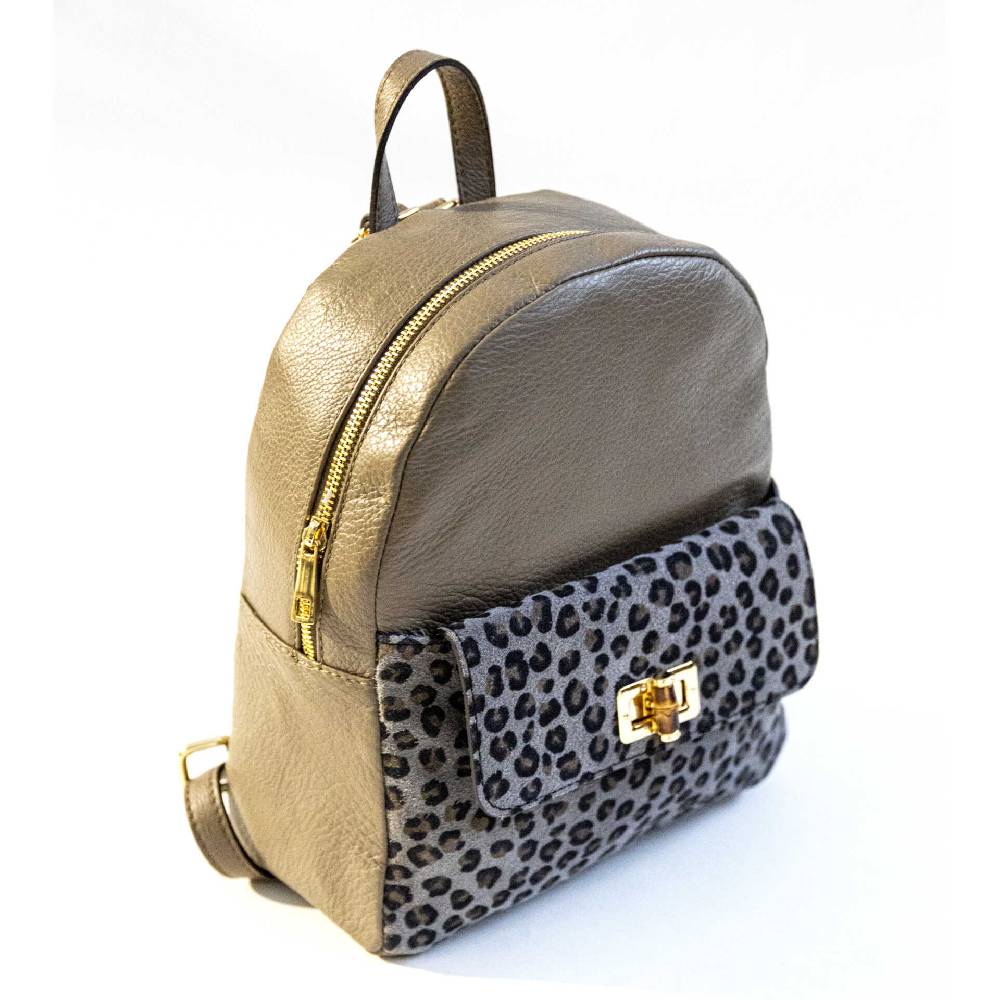 Laura Di Maggio NEMO – Zaino in pelle taupe & leopard In Vendita