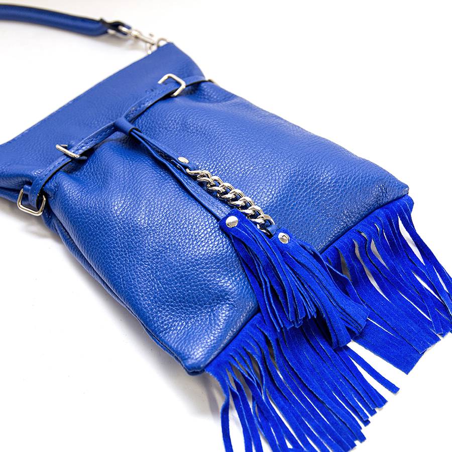 Laura Di Maggio LIMA – borsa sottile in pelle dollaro con frange blu Novità