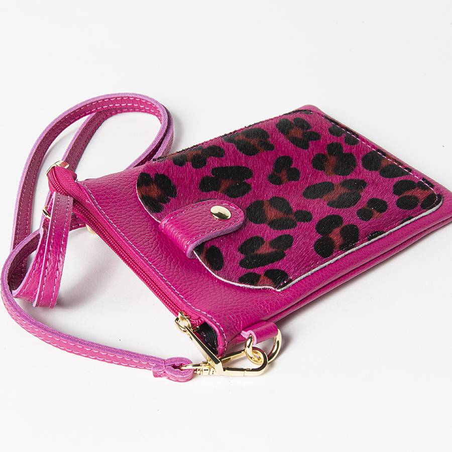 Laura Di Maggio TINY – Porta cellulare in pelle dollaro con cavallino stampa leopardata fucsia Prezzo Ridotto