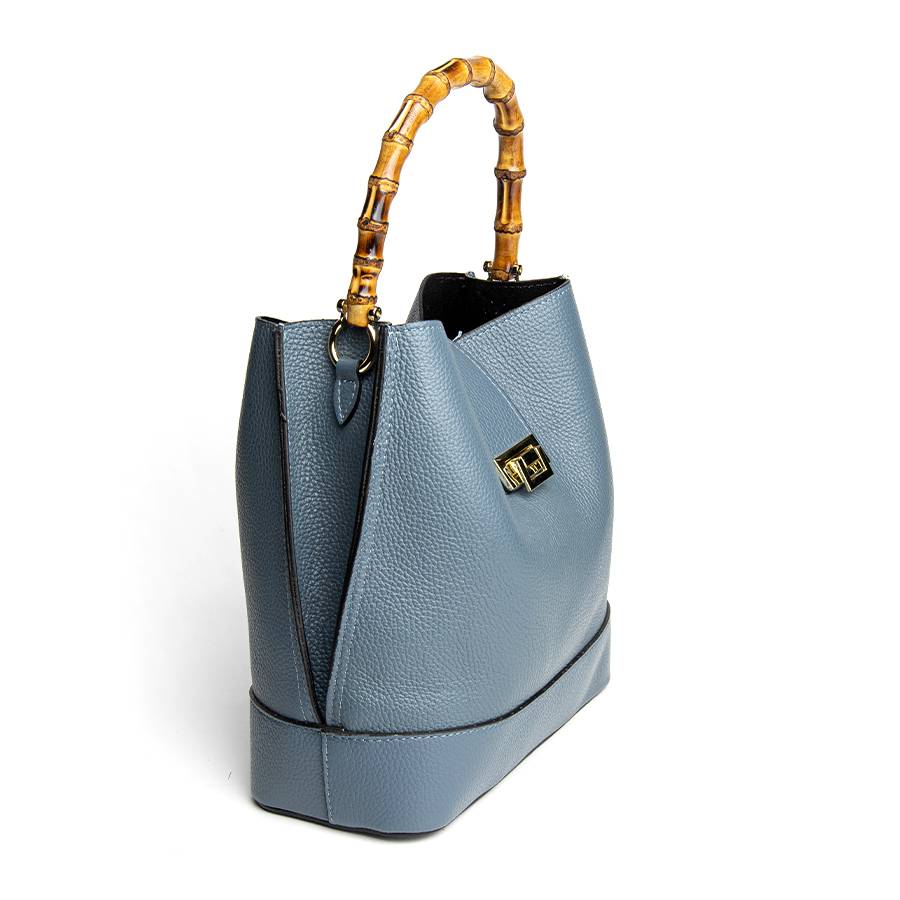 Laura Di Maggio SOHO – secchiello in pelle avio con manici in bamboo Qualità Garantita