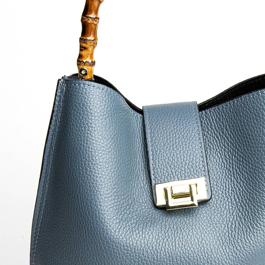 Laura Di Maggio SOHO – secchiello in pelle avio con manici in bamboo Qualità Garantita