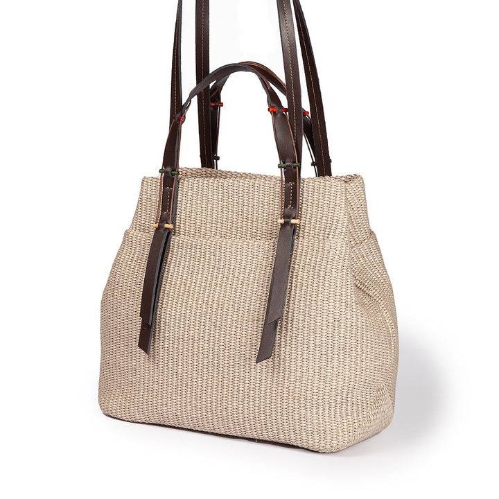 Roberta Gandolfi Fernanda Tote in rafia con finiture in pelle di vitello a doppia portabilità mano o shopping Presa