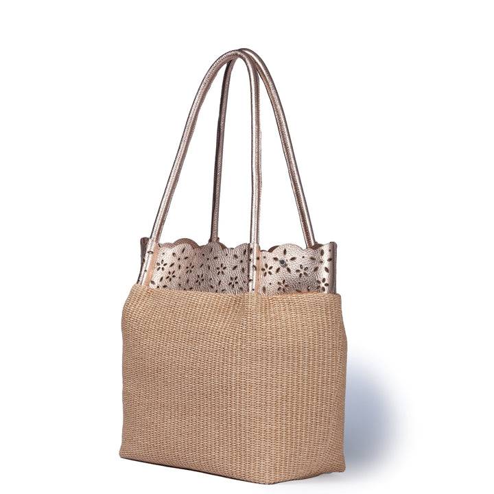 Roberta Gandolfi Diletta Shopping - Tote in rafia con balza in pelle laserata con tracolla staccabile I Più Venduti