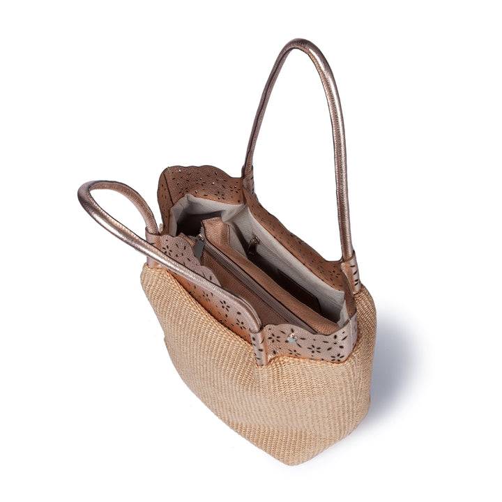 Roberta Gandolfi Diletta Shopping - Tote in rafia con balza in pelle laserata con tracolla staccabile I Più Venduti
