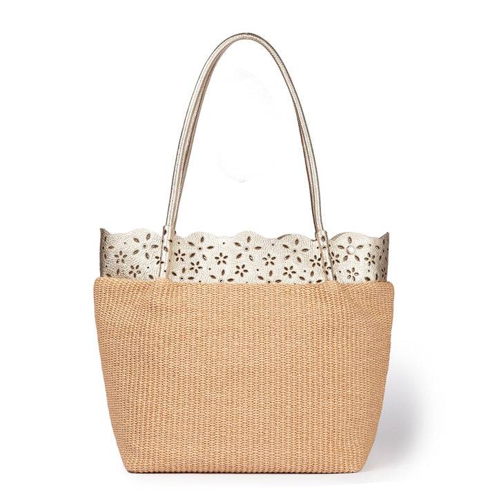 Roberta Gandolfi Diletta Shopping - Tote in rafia con balza in pelle laserata con tracolla staccabile