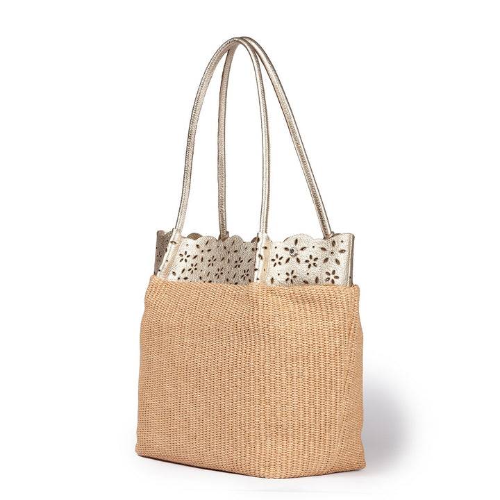 Roberta Gandolfi Diletta Shopping - Tote in rafia con balza in pelle laserata con tracolla staccabile Nuova