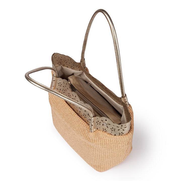 Roberta Gandolfi Diletta Shopping - Tote in rafia con balza in pelle laserata con tracolla staccabile Nuova