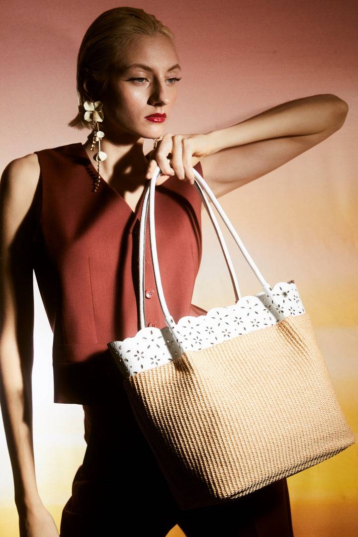 Roberta Gandolfi Diletta Shopping - Tote in rafia con balza in pelle laserata con tracolla staccabile Nuova