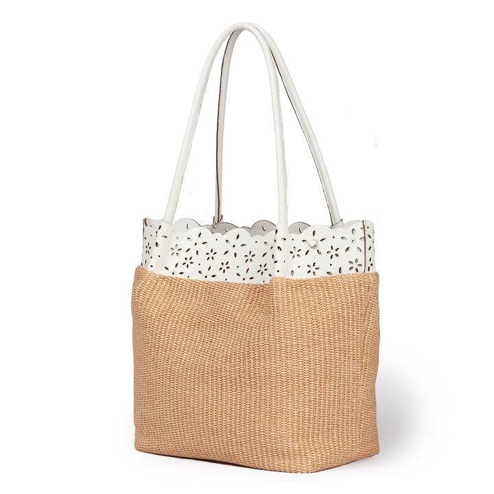 Roberta Gandolfi Diletta Shopping - Tote in rafia con balza in pelle laserata con tracolla staccabile Nuovo