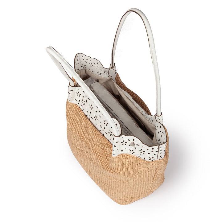 Roberta Gandolfi Diletta Shopping - Tote in rafia con balza in pelle laserata con tracolla staccabile Nuovo