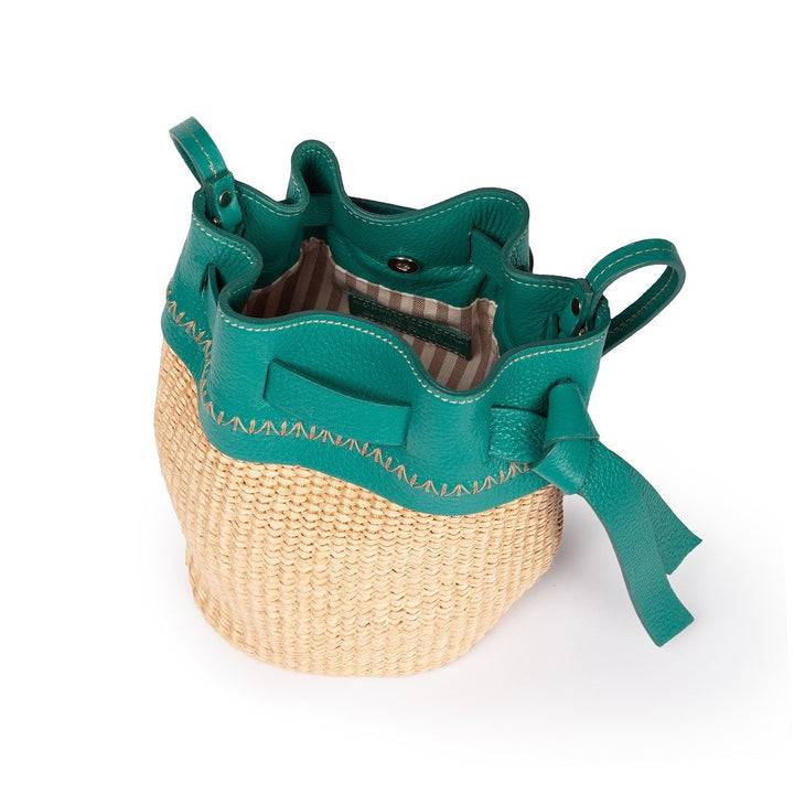 Roberta Gandolfi Ambra mini bucket in rafia e pelle martellata Negozio