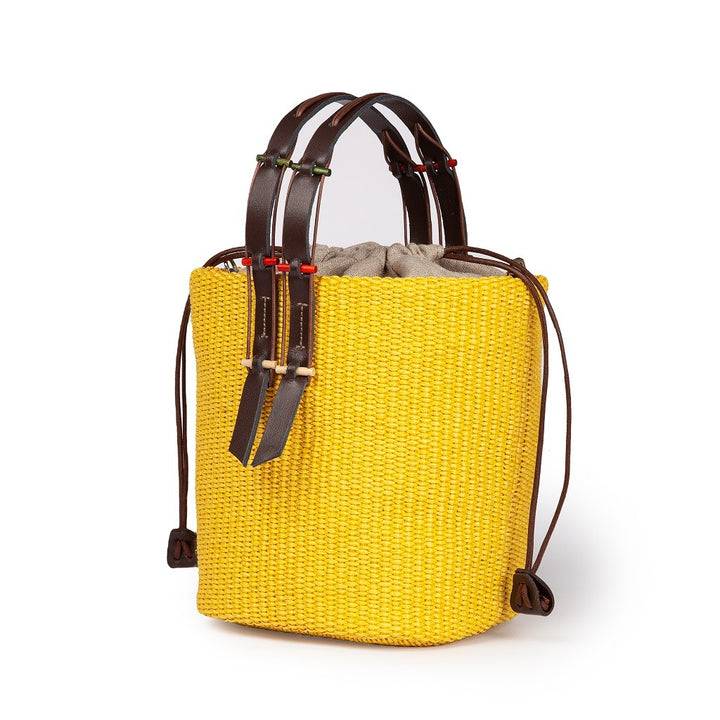 Roberta Gandolfi Fernanda Bucket in rafia con finiture in pelle di vitello con tracolla staccabile 2025