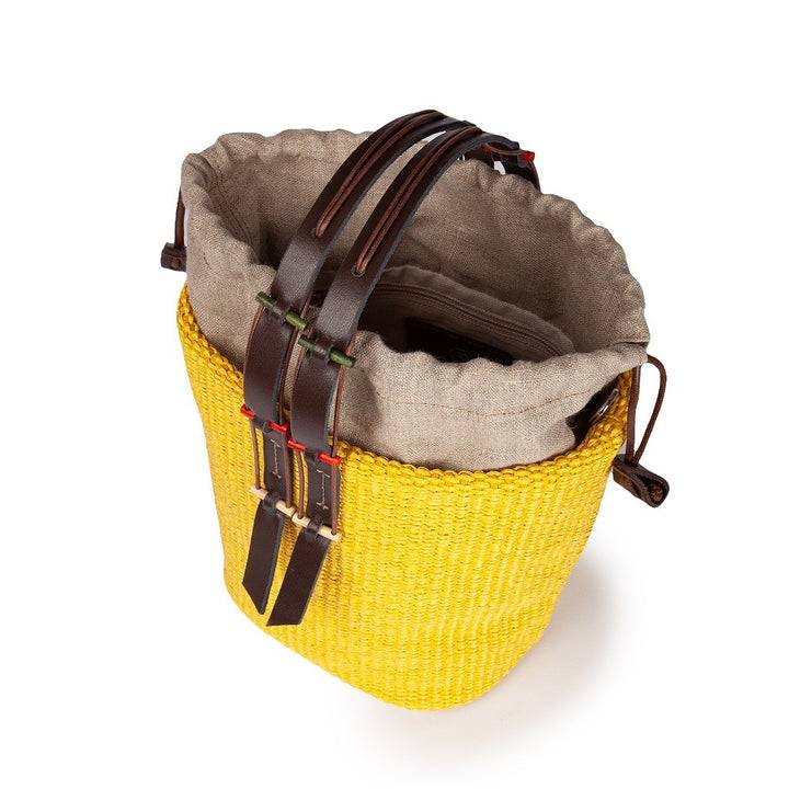 Roberta Gandolfi Fernanda Bucket in rafia con finiture in pelle di vitello con tracolla staccabile 2025