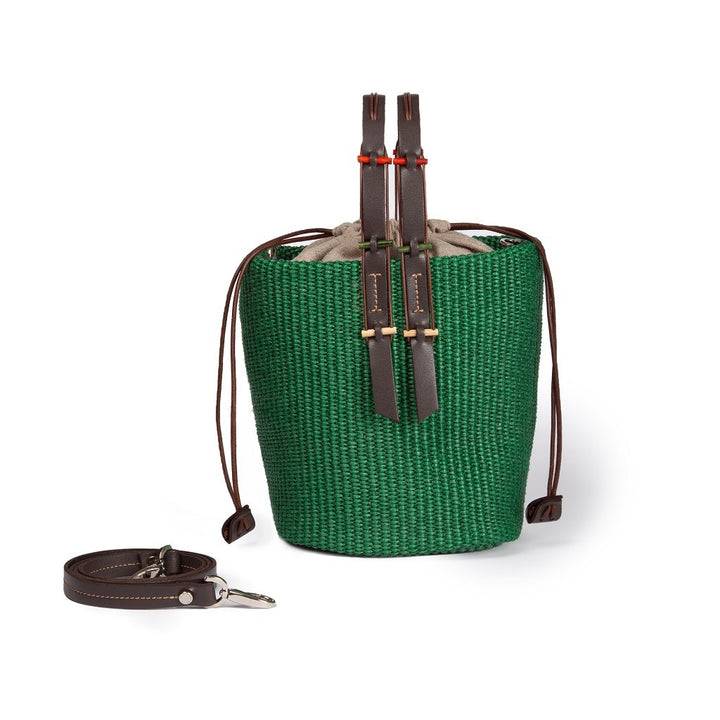 Roberta Gandolfi Fernanda Bucket in rafia con finiture in pelle di vitello con tracolla staccabile In Linea