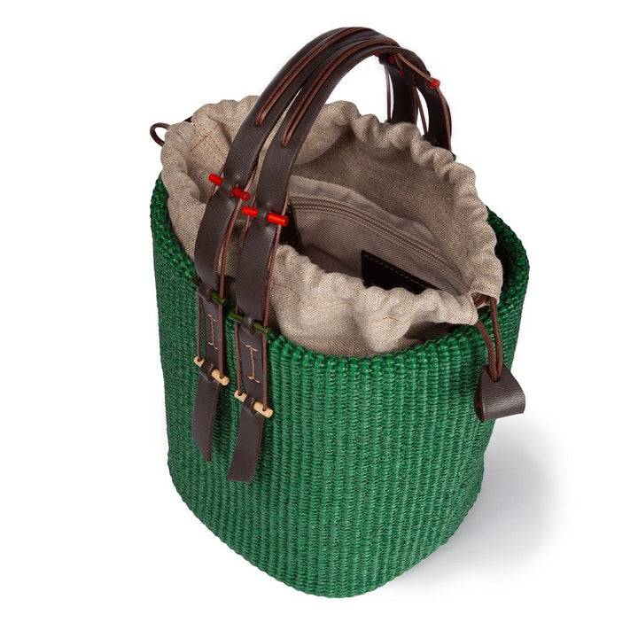 Roberta Gandolfi Fernanda Bucket in rafia con finiture in pelle di vitello con tracolla staccabile In Linea