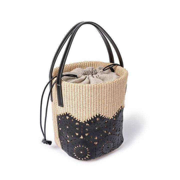 Roberta Gandolfi Giulia Bucket in rafia e pelle il pannello tagliato al laser è interamente cucito a mano con tracolla staccabile Shopping Online