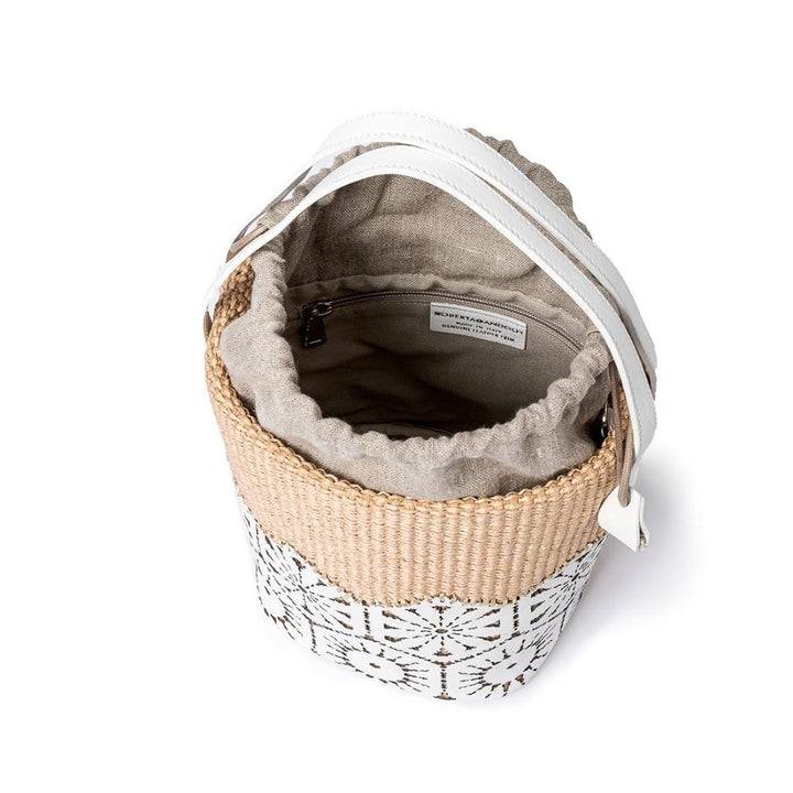Roberta Gandolfi Giulia Bucket in rafia e pelle il pannello tagliato al laser è interamente cucito a mano con tracolla staccabile Affare Del Giorno