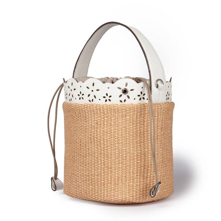 Roberta Gandolfi Diletta Bucket in rafia con balza in pelle laserata con tracolla staccabile Prezzo Ridotto