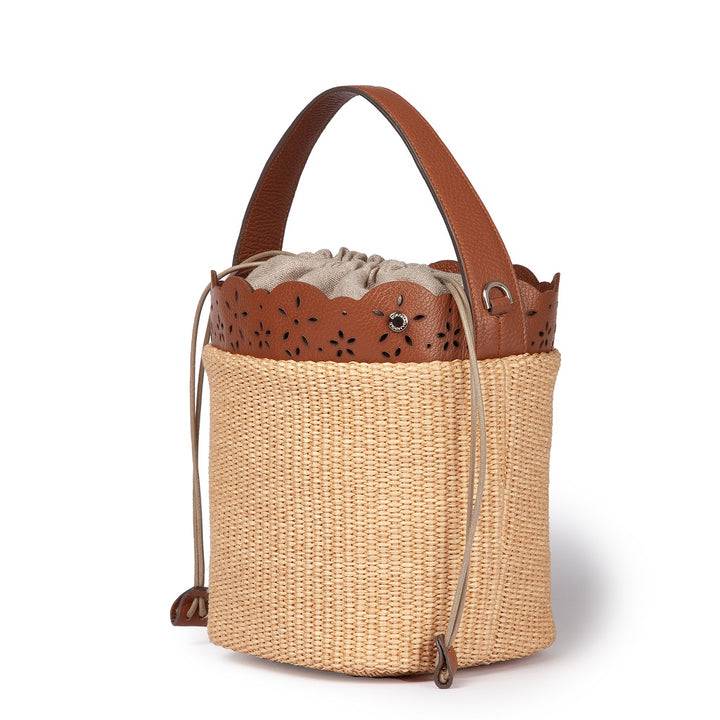 Roberta Gandolfi Diletta Bucket in rafia con balza in pelle laserata con tracolla staccabile Sottocosto