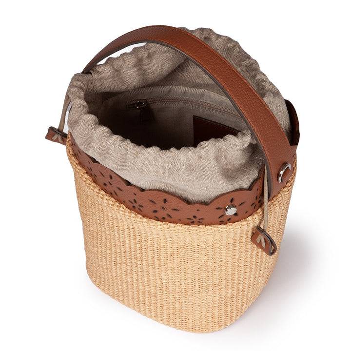 Roberta Gandolfi Diletta Bucket in rafia con balza in pelle laserata con tracolla staccabile Sottocosto