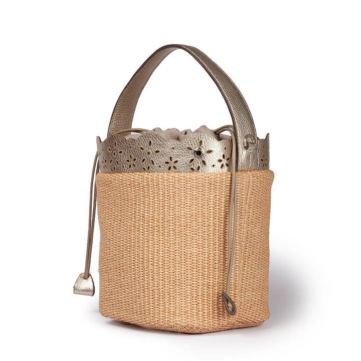 Roberta Gandolfi Diletta Bucket in rafia con balza in pelle laserata con tracolla staccabile Convenienza