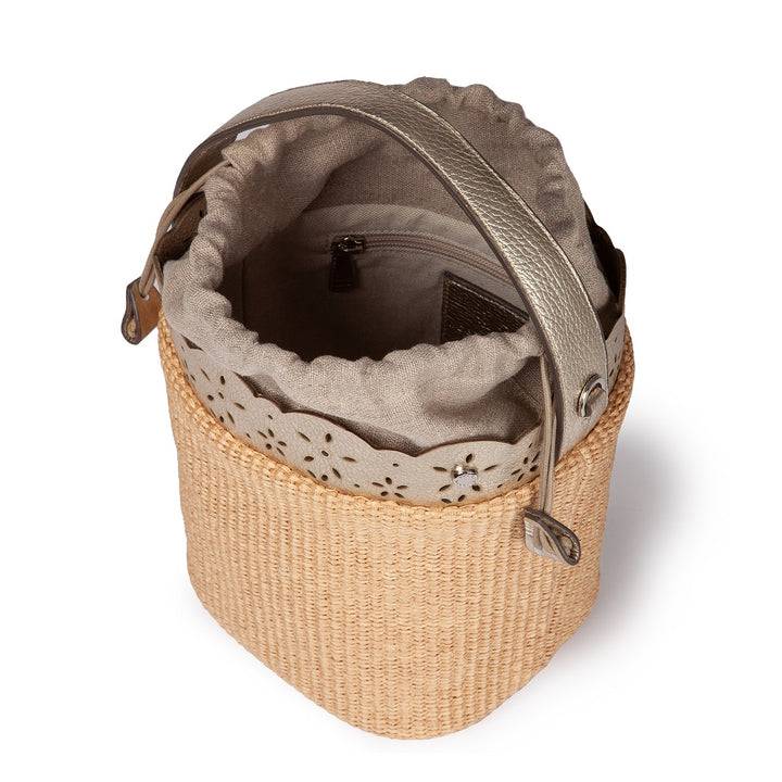 Roberta Gandolfi Diletta Bucket in rafia con balza in pelle laserata con tracolla staccabile Convenienza