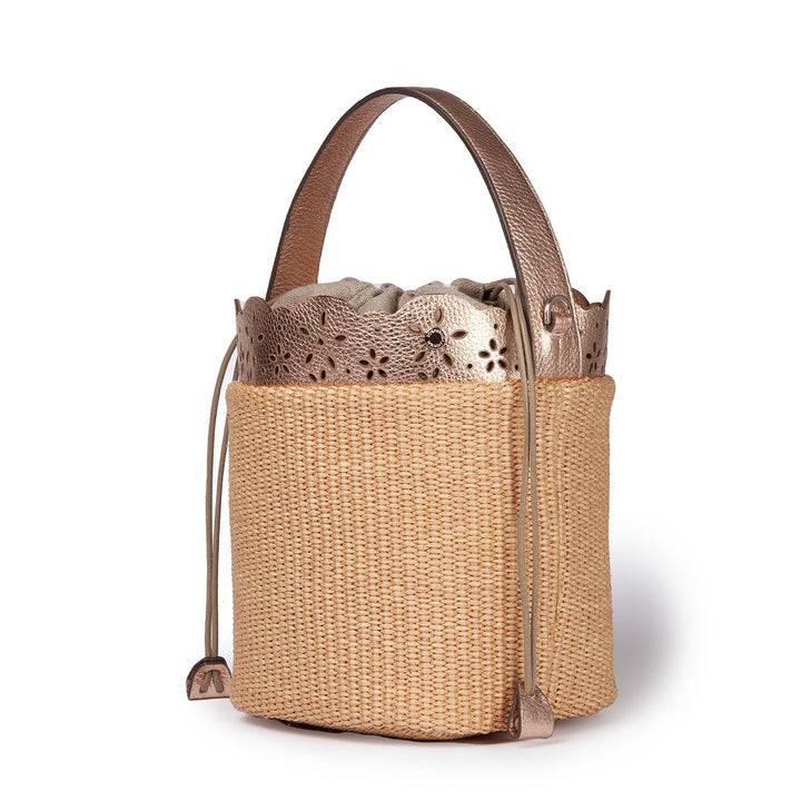 Roberta Gandolfi Diletta Bucket in rafia con balza in pelle laserata con tracolla staccabile Novità