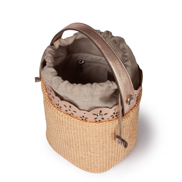 Roberta Gandolfi Diletta Bucket in rafia con balza in pelle laserata con tracolla staccabile Novità