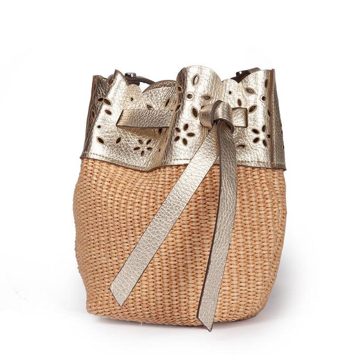 Roberta Gandolfi Diletta Mini Bucket in rafia con balza in pelle laserata con tracolla staccabile Sconto