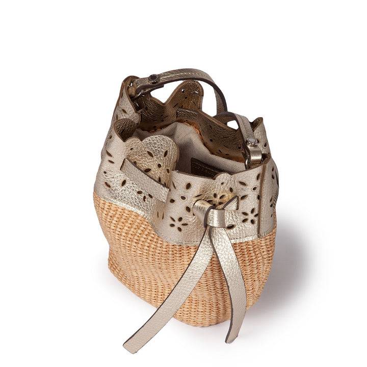 Roberta Gandolfi Diletta Mini Bucket in rafia con balza in pelle laserata con tracolla staccabile Sconto