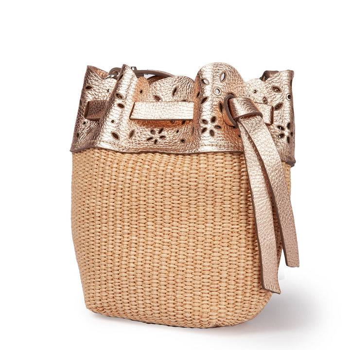 Roberta Gandolfi Diletta Mini Bucket in rafia con balza in pelle laserata con tracolla staccabile Offerta