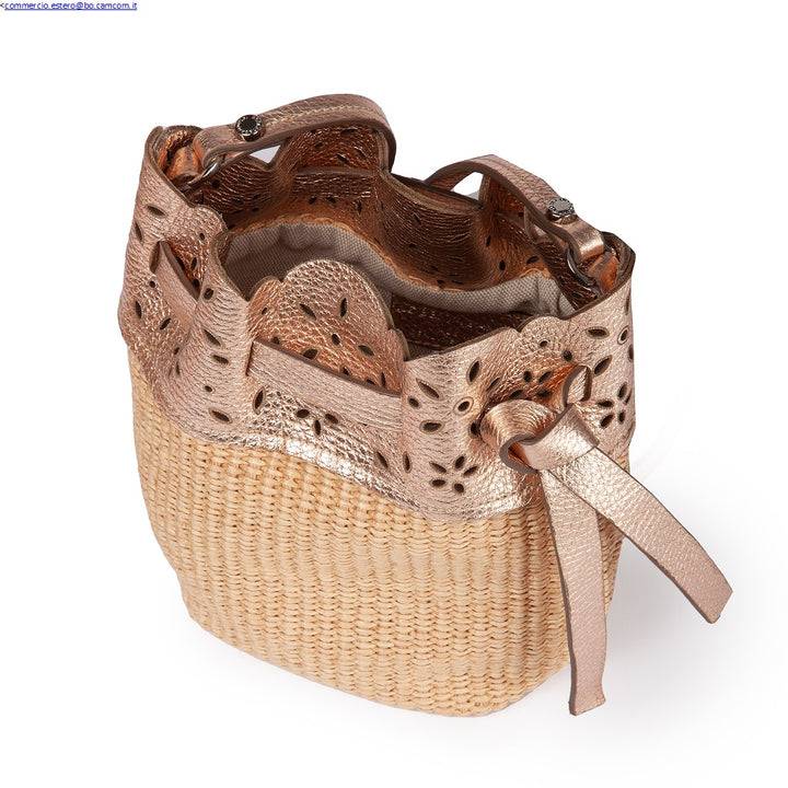 Roberta Gandolfi Diletta Mini Bucket in rafia con balza in pelle laserata con tracolla staccabile Offerta
