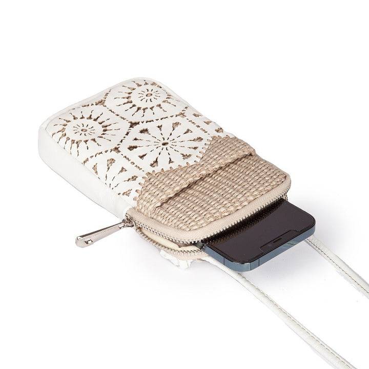 Roberta Gandolfi Giulia phone holder in rafia e pelle il pannello tagliato al laser è interamente cucito a mano con tracolla staccabile Qualità Garantita