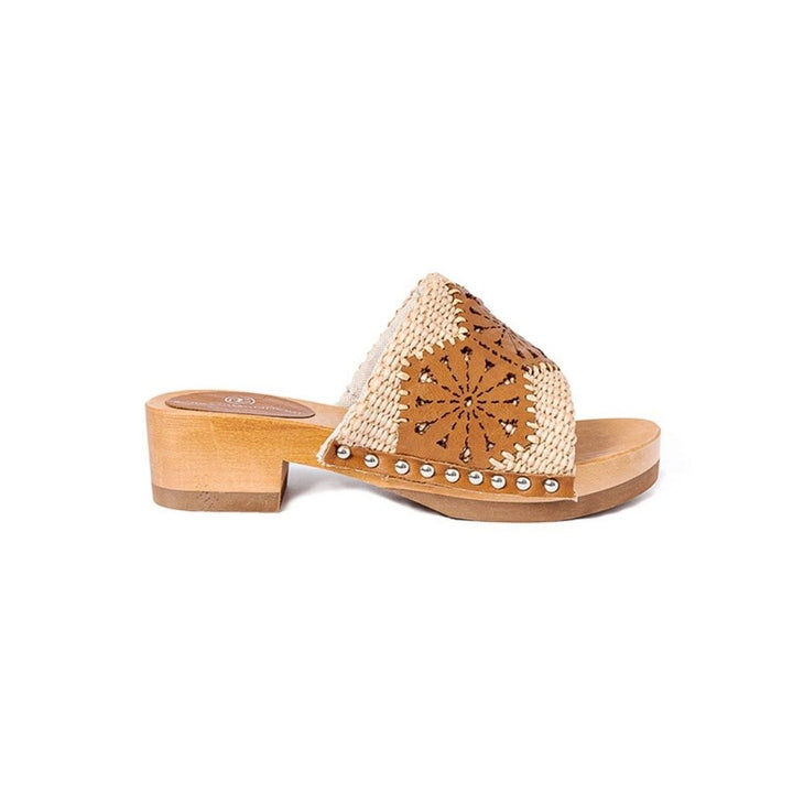 Roberta Gandolfi Sandalo Giulia platform in legno e tomaia in rafia e pelle di vitello laserata con disegno pizzo geometrico Shopping Online