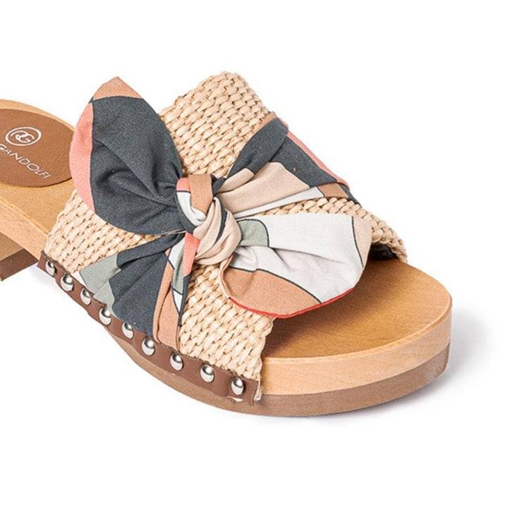 Roberta Gandolfi Lola Sixty sandali in legno con rafia e pelle di vitello con fiocco stampa sixty Affare Del Giorno