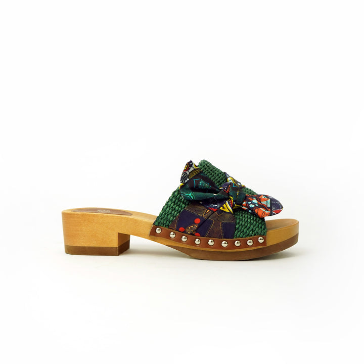 Roberta Gandolfi Lola Sabot sandali in legno con rafia e pelle di vitello con fiocco stampa african Prezzo Ridotto