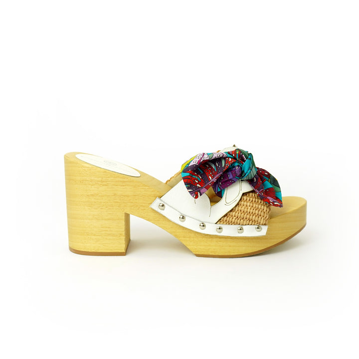 Roberta Gandolfi Diva Chain sandali in legno incrociato con platform in rafia e stampa fiocco tropical Sottocosto
