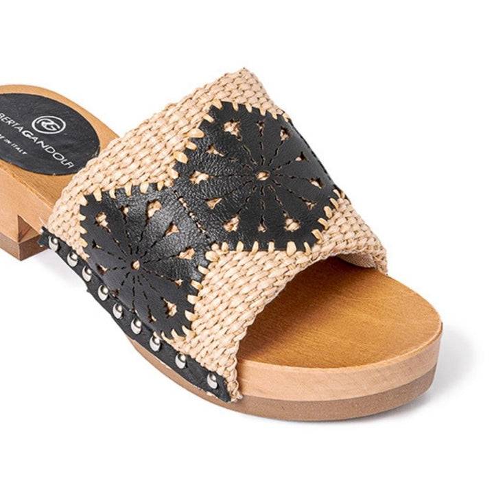 Roberta Gandolfi Sandalo Giulia platform in legno e tomaia in rafia e pelle di vitello laserata con disegno pizzo geometrico Novità