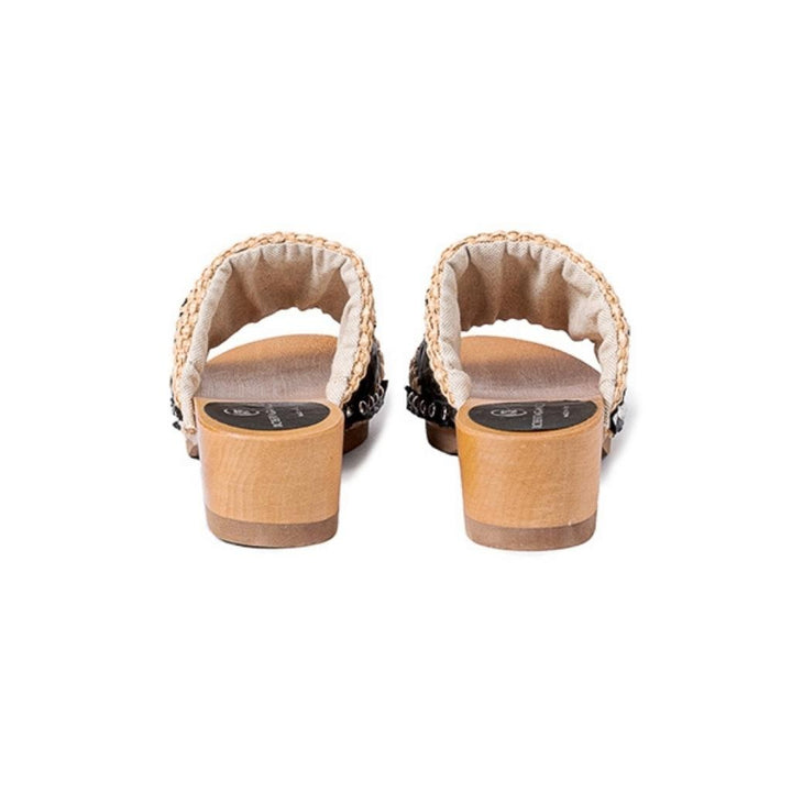 Roberta Gandolfi Sandalo Giulia platform in legno e tomaia in rafia e pelle di vitello laserata con disegno pizzo geometrico Novità