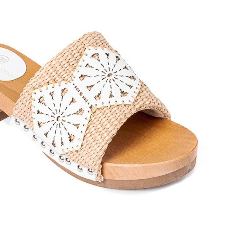 Roberta Gandolfi Sandalo Giulia platform in legno e tomaia in rafia e pelle di vitello laserata con disegno pizzo geometrico Presa