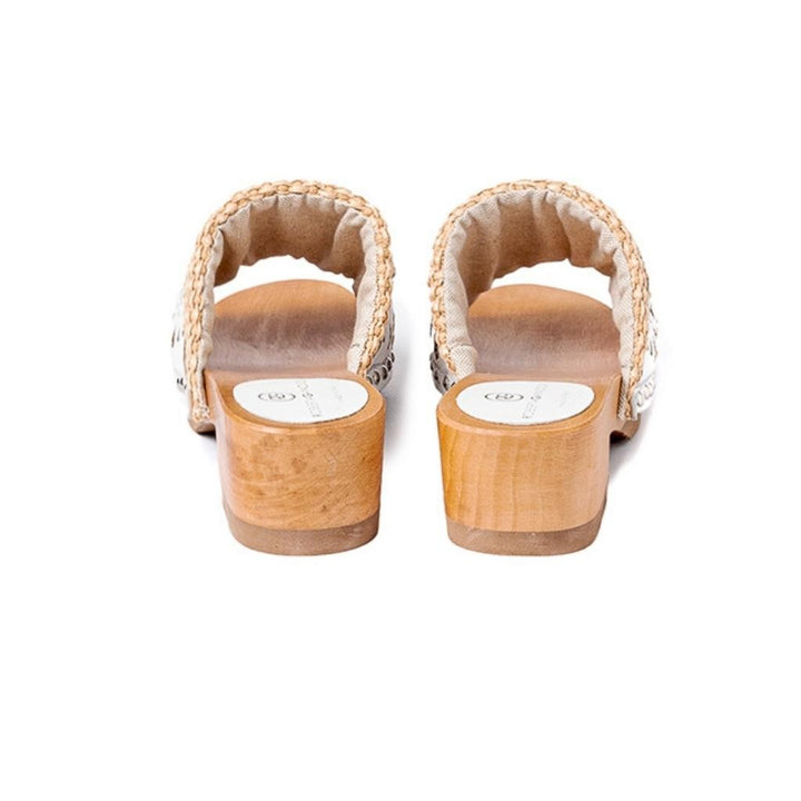Roberta Gandolfi Sandalo Giulia platform in legno e tomaia in rafia e pelle di vitello laserata con disegno pizzo geometrico Presa