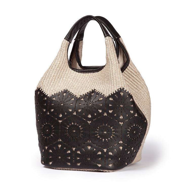 Roberta Gandolfi Giulia Handbag in rafia e pelle il pannello tagliato al laser è interamente cucito a mano con tracolla staccabile Saldi
