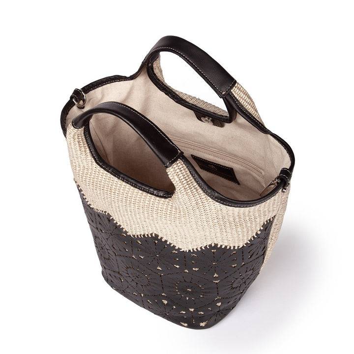 Roberta Gandolfi Giulia Handbag in rafia e pelle il pannello tagliato al laser è interamente cucito a mano con tracolla staccabile Saldi