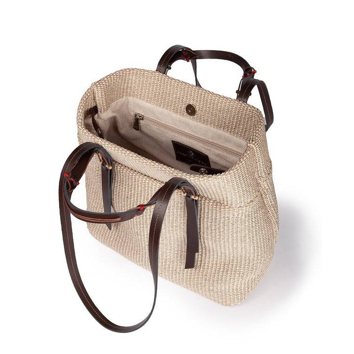 Roberta Gandolfi Fernanda Tote in rafia con finiture in pelle di vitello a doppia portabilità mano o shopping Italy