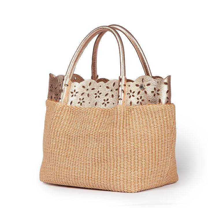 Roberta Gandolfi Diletta Handbag in rafia con balza in pelle laserata con tracolla staccabile Spedizione Gratuita
