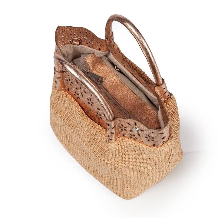 Roberta Gandolfi Diletta Handbag in rafia con balza in pelle laserata con tracolla staccabile Spedizione Gratuita