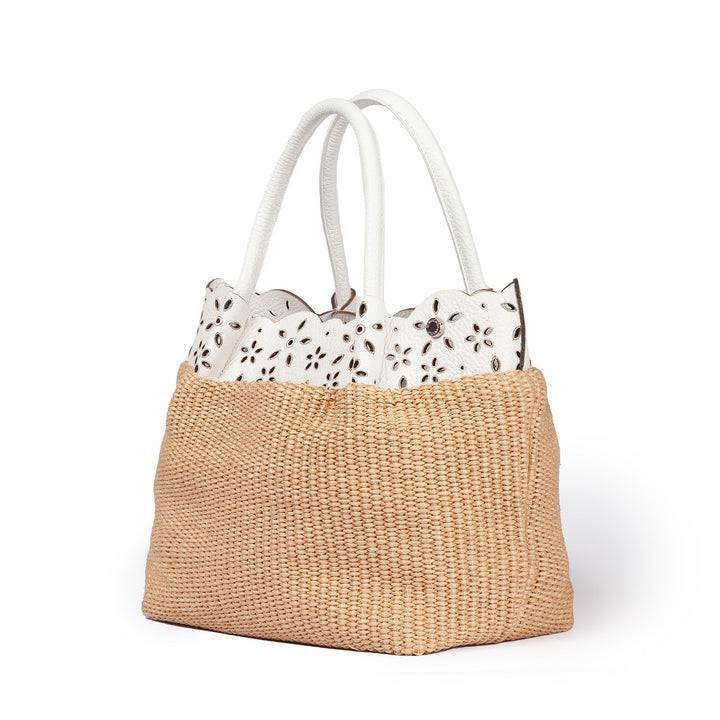 Roberta Gandolfi Diletta Handbag in rafia con balza in pelle laserata con tracolla staccabile Pezzi Unici