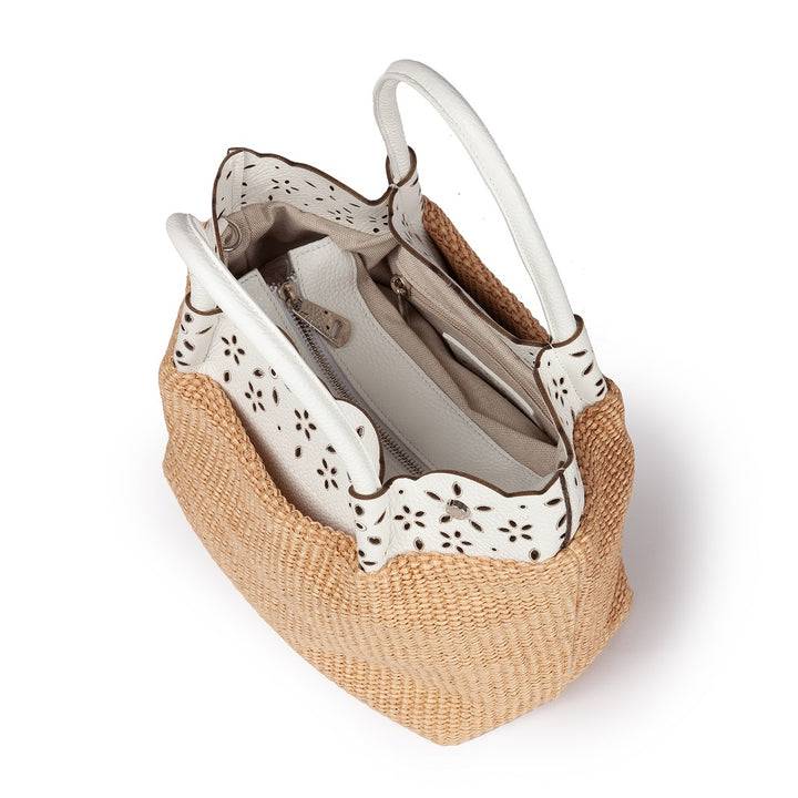 Roberta Gandolfi Diletta Handbag in rafia con balza in pelle laserata con tracolla staccabile Pezzi Unici